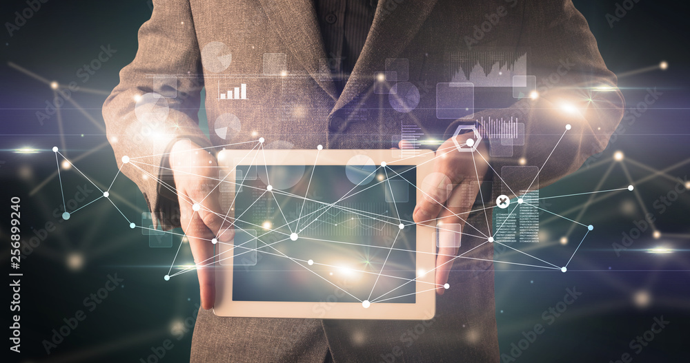 Poster elegant hand holding tablet with virtual database and network concept