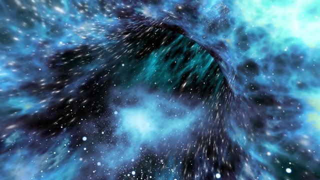 Looped wormhole flight to another dimension through a blue-shifted force field of stars and interstellar gases