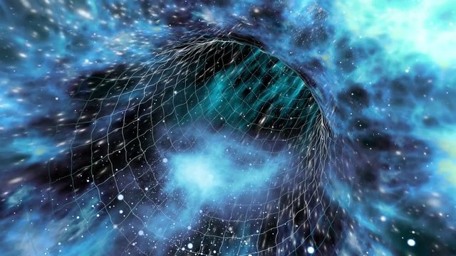 Looped wormhole flight to another dimension through a blue-shifted force field grid, passing through stars and interstellar gases