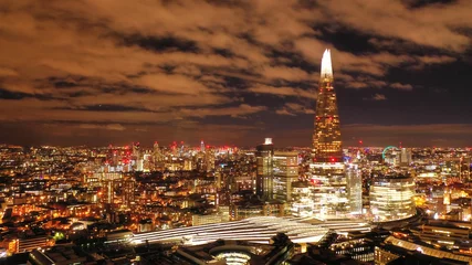 Fotobehang Aerial photo from the Shard at night, iconic building in city district, London, United Kingdom © aerial-drone