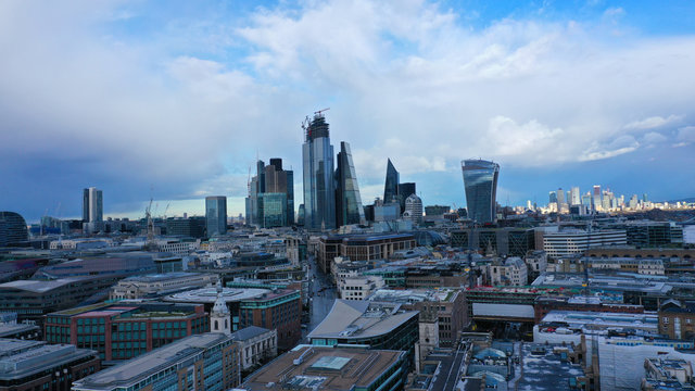 Aerial drone bird's eye view of iconic skyline in City of London, United Kingdom © aerial-drone