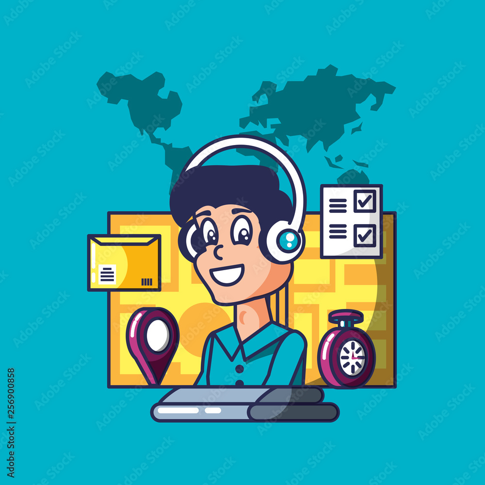 Poster delivery service worker with computer and icons