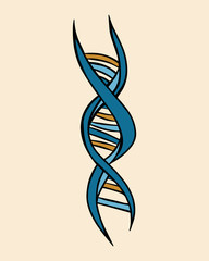 Cartoon style vector illustration of blue dna, gene. Great design elements for sticker, card, print, poster. Unique doodle drawing isolated on beige background. Medicine, science, genetic engineering