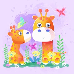 cute couple giraffe with butterfly and flowers