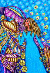 Young woman in styized ornamental  forest, zentangle style, illustration in blue and violet colors