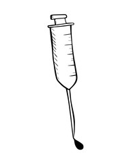 Cartoon style vector illustration of black, white syringe. Great design elements for sticker, card, print or poster. Unique doodle drawing isolated on background. Medicine, healthcare, vaccination