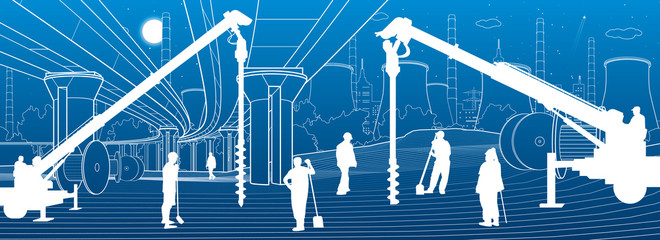 Construction plant. People working. Industry machinery, cranes and bulldozers. Infrastructure urban buildings illustration. Vector design art