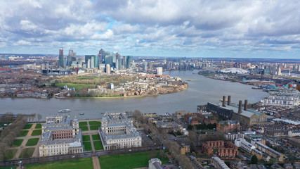 Aerial bird's eye view panoramic drone photo of Greenwich park with views to Canary Wharf and...