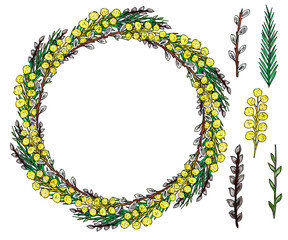 Spring wreath of flowers and leaves of mimosa, grass and willow branches and wreath elements. Seals willow.