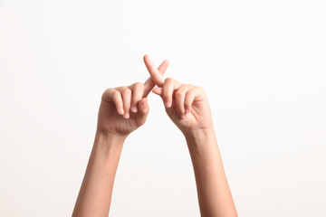 Woman hand gestures-body language isolated on white background
