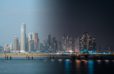 Fototapeta na wymiar Panama City skyline at night and day - cotyscape panorama -