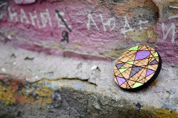 Handmade brooch. Wooden brooch.Graffiti wall