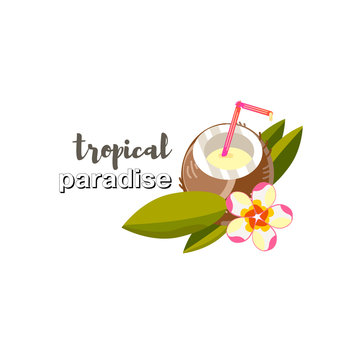 picture in vector. coconut juice. Tropical leaves. Fruit icon. flower tropical