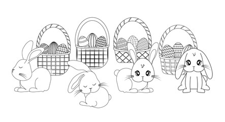 set cute rabbits with baskets and eggs of easter