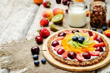 Greek yogurt granola fruit breakfast pizza