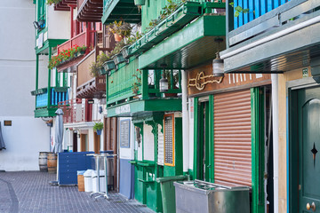 Naklejka premium Typical fishing houses in Hondarribia, a city in Gipuzkoa, Basque Country, Spain, near the French border.