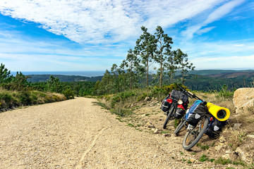 Bicycles on top of a hill on the way of St. Jacob to Finisterre to the Atlantic Coast.