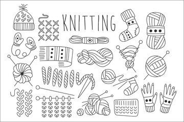 Hand drawn vector set of icons for knitting related theme. Yarn, stitch, needles, knitted clothing. Graphic elements for logo for hand made things
