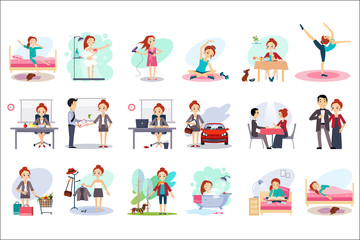 Fototapeta premium Active day of happy woman. Daily routine. Cartoon character of young pretty girl in different situations. Day time. Home and work. Colorful flat vector design