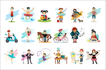 Set of people in various actions. Males and females engaged in their favorite hobbies. Active and healthy lifestyle. Cartoon characters. Colorful flat vector design