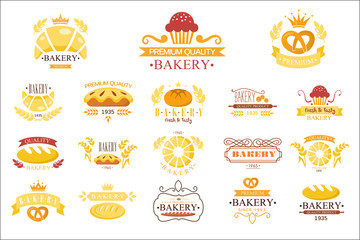Vector set of vintage bakery labels. Emblems with fresh bread, pies, pretzel, buns, loaves, cupcakes, croissants, ribbons and ears of wheat. Design for logo of bakehouse