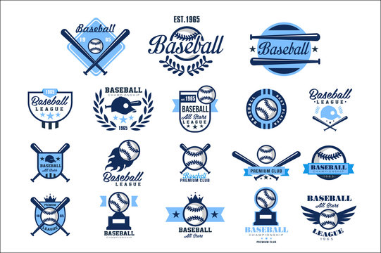 Set Of American Baseball Logo. Original Blue Labels With Balls, Crossed Bats, Caps And Wings. Sports Club Emblems. Design For Team Badge. Flat Vector Illustration