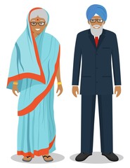 Set of standing together old indian man and woman in the traditional clothing isolated on white background in flat style. Different senior people in the east dress. Vector illustration.