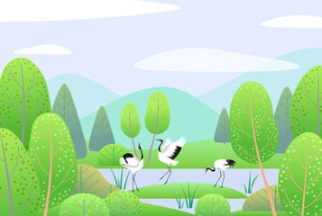 Fototapeta na wymiar Spring Background with Japanese Cranes and Landscape