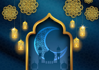 ramadan kareem or eid mubarak islamic greeting card design with gold lantern and crescent moon