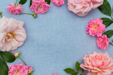 Beautifu, romantic, floral frame with pink roses on blue, fabric background