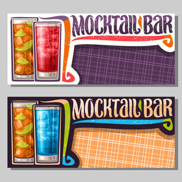 Vector Banners For Mocktail Bar With Copy Space, 2 Non Alcoholic Drinks, Original Lettering For Words Mocktail Bar, Chilled Alcohol Free Cocktails With Fresh Lemon And Ice Cubes For Fun Beach Holiday.