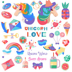 Set with a unicorn and pictures for stickers. Unicorn's head with closed eyes