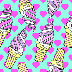 Ice cream and pink hearts seamless background