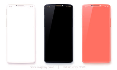 Vector set of imaginary smartphones. White, black and coral pink devices. 3d realistic fashionable phones. Original design with a smoothly curved notch. Trendy concept.