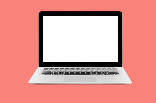 a modern laptop computer isolated on colors background pastel Coral