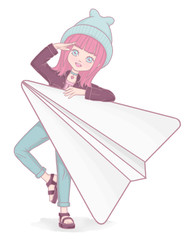 Little anime girl with her paper plane. 