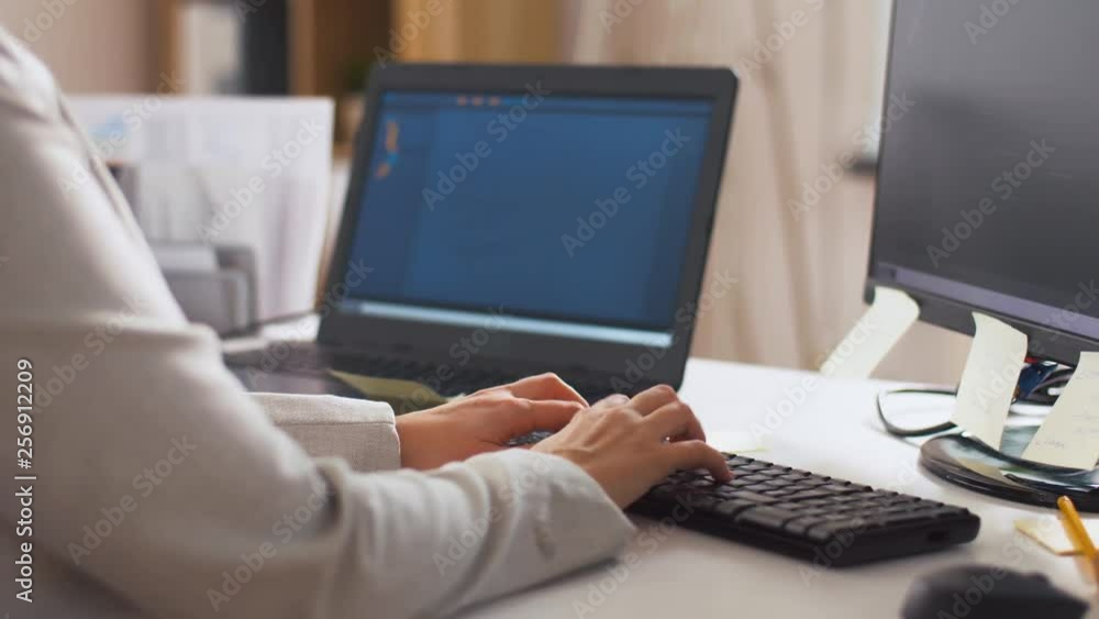 Poster business, programming and technology concept - female programmer hands typing on computer keyboard a