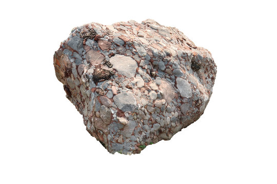 Natural specimen of conglomerate - sedimentary rock composed of rounded or sub-rounded gravel and pebbles cemented by calcium carbonate, isolated on white background