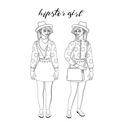 Beautiful young hipster girl in stylish vintage outfit standing.