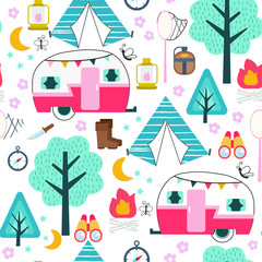 Scout camp travel seamless background pattern vector illustration
