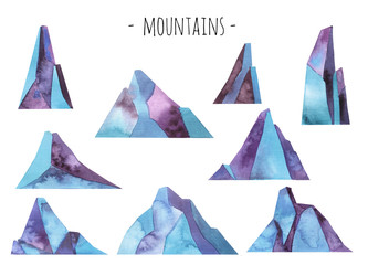 set of Mountains watercolor isolated on white  template for banner, scrapbooking.