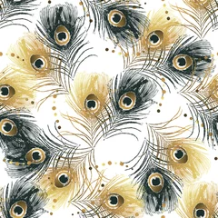 Foto op Plexiglas Pauw Naadloze patroon van gouden pauwenveren. voorraad vector