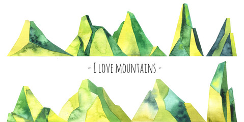 Mountains rocks green  watercolor template for banner, scrapbooking.