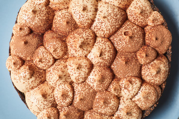 Vanilla cheesecake with milk chocolate cream and cocoa