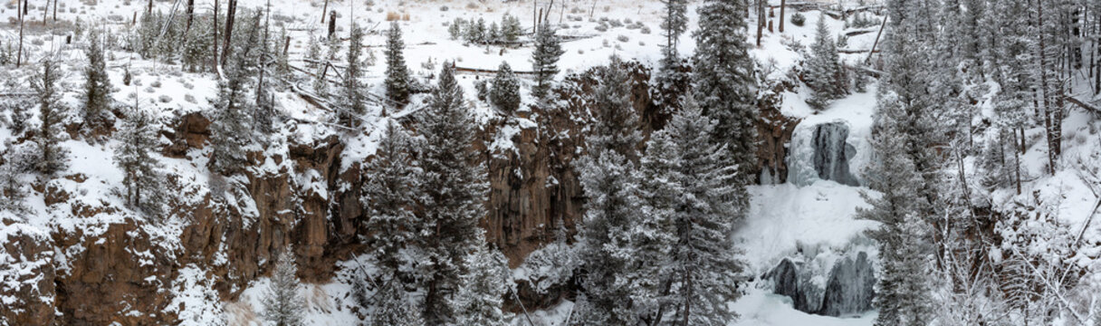 A winter panorama of a water fall