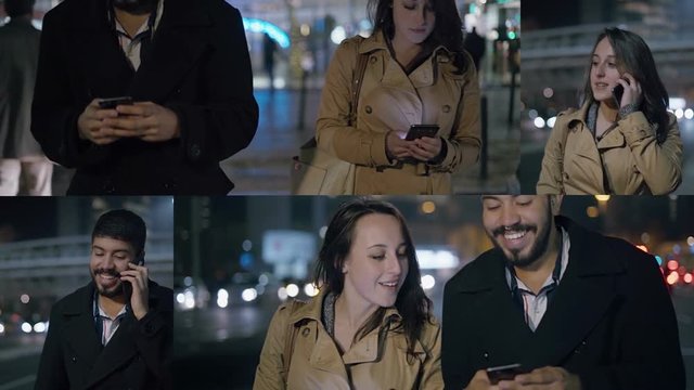 Collage of medium and close up shots of two friends walking at night outside, texting, showing pictures and talking on phone. Communication, work concept