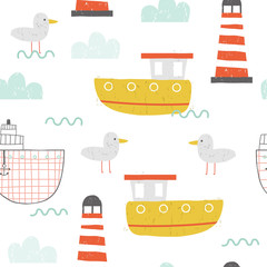 Modèle sans couture nautique avec navires et phare. Impression dessinée à la main pour enfants. Illustration vectorielle.