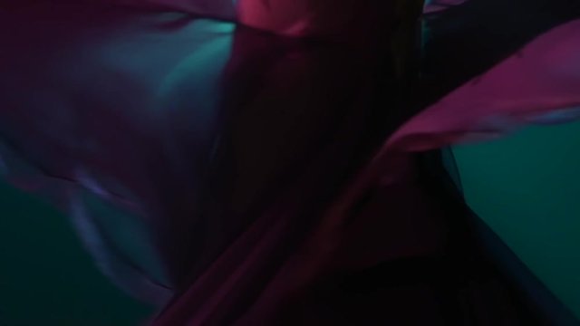 Female belly dancer who is starting shaking her hips. Smoke background. Slow motion. Close up