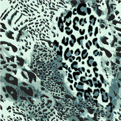 Seamless vector leopard wild safari skin print. Mix of Tiger skin, jaguar skin, leopard print. Neon bright colors. Glitch pattern. Retro pattern.