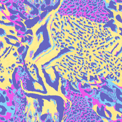 Seamless vector leopard wild safari skin print. Mix of Tiger skin, jaguar skin, leopard print. Neon bright colors. Glitch pattern. Retro pattern.